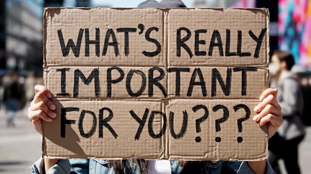 Person holding 'What's really important for you' sign on city street
