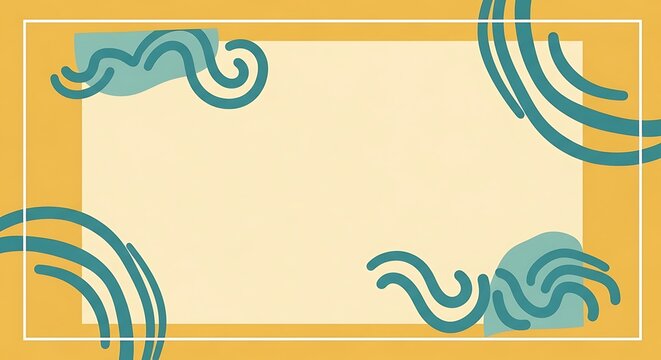Abstract yellow frame background with green wavy lines and geometric shapes