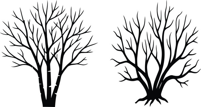 Bare tree and bush silhouette vector illustration set for nature design