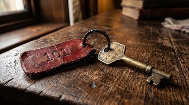 Vintage Hotel Room Key on Wooden Table