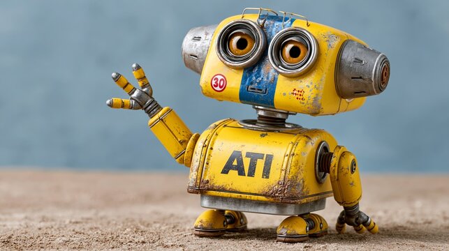 Cartoon robot character with yellow and blue design, waving hand, standing on a textured surface, showcasing mechanical features and playful expression
