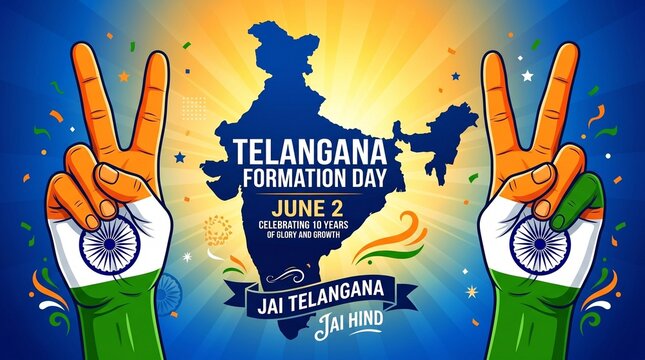 Telangana Formation Day Celebration Vector Illustration with India Map, National Flag Colors, and 10th Anniversary Typography for June 2nd Greetings