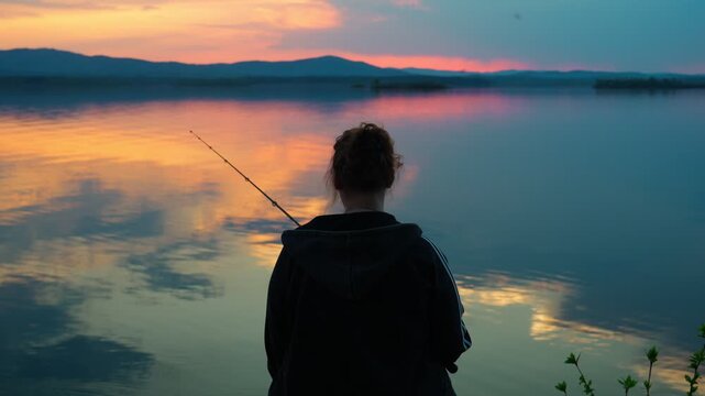 A female fisherman is fishing on a lake against the backdrop of an unusually beautiful sunset. Fishing and outdoor recreation. A healthy lifestyle. Real footage without staged elements.