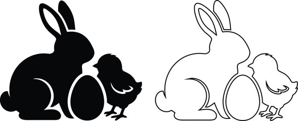 Vector icon set of a cute Easter bunny rabbit sitting with a baby chick and a spring holiday egg in solid black silhouette and line outline styles. © Shah Hasanuzzaman