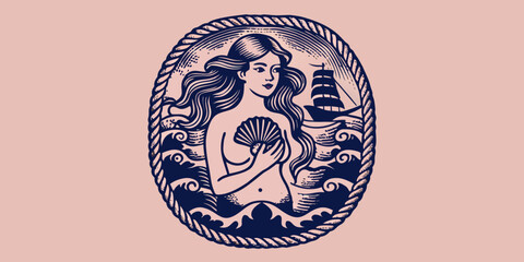 Mermaid illustration vintage style navy blue and white © Subarna