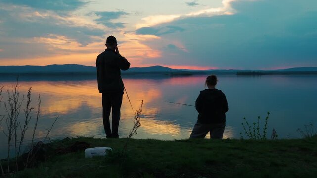 A young couple is fishing on a lake against the backdrop of an unusually beautiful sunset. Fishing and outdoor recreation. A healthy lifestyle. Real footage without staged elements.