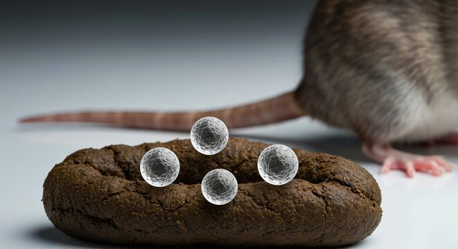 Fecal sphere study macro examination on rat stool. Rodent droppings with crystals research closeup.