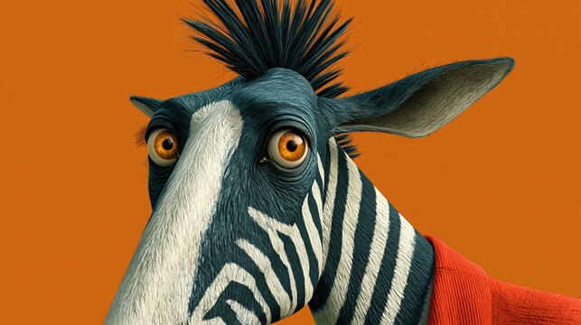 Cartoon zebra character with exaggerated features and vibrant orange background, wearing a red shirt, showcasing a whimsical and playful design style