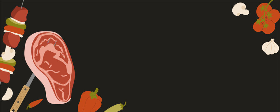 A dark barbecue background with copy space featuring a raw steak on a meat fork surrounded by fresh vegetables and a shish kebab skewer.