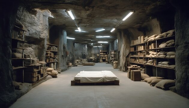 Cavernous underground storage facility filled with shelves stacked high with sacks and boxes, illuminated by fluorescent lights