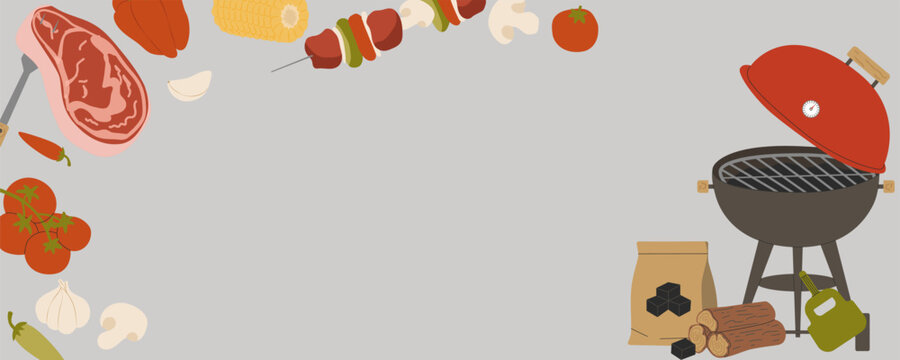 A horizontal barbecue background with copy space featuring a red kettle grill beside raw meat steaks and garden vegetables with firewood logs.