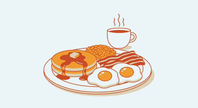 Delicious breakfast illustration with pancakes eggs bacon coffee and beans