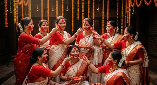 Group of women performing traditional Indian wedding ritual with turmeric ceremony