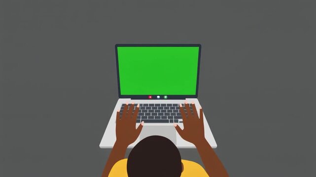 Overhead view of a person typing on a laptop with a green screen on a plain background.