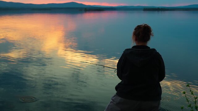 A female fisherman is fishing on a lake against the backdrop of an unusually beautiful sunset. Fishing and outdoor recreation. A healthy lifestyle. Real footage without staged elements.