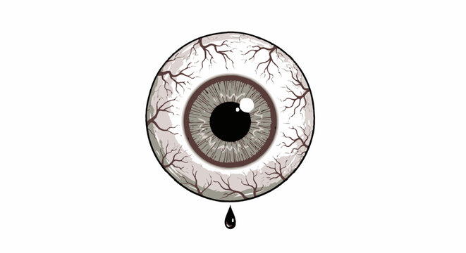 Isolated vector illustration of an eyeball with blood vessels and a drop