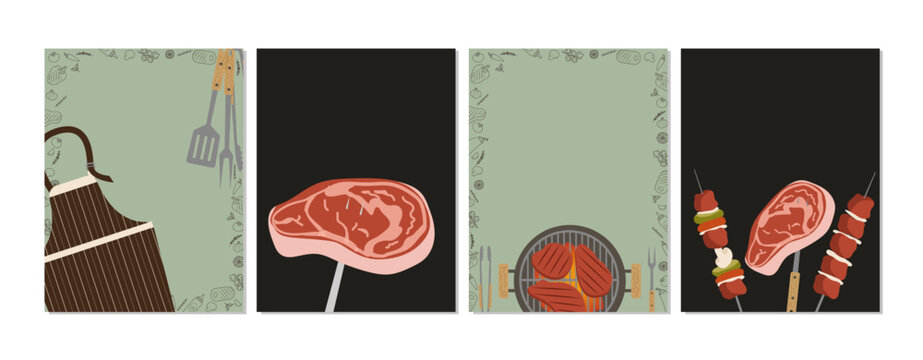 Set of four posters, barbecue invitations with space for text. Posters featuring grills and meat products for outdoor cooking for a shared event.