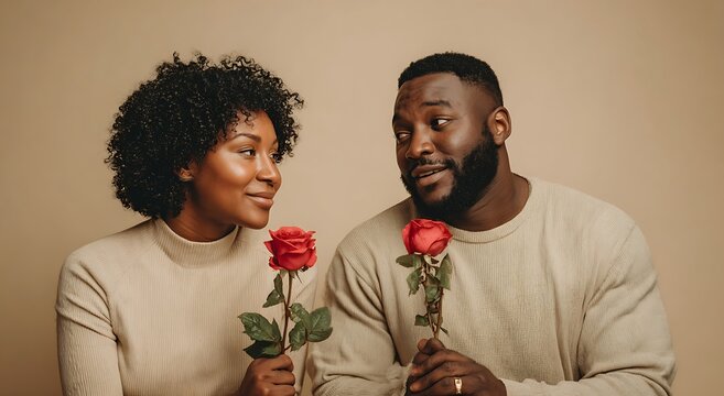 A black man and woman gaze at each other affectionately while holding red roses, symbolizing love and romance against a neutral