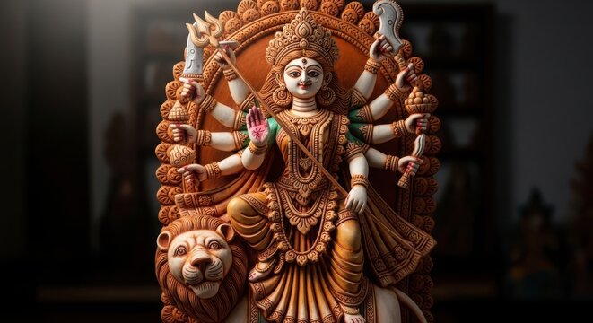 Intricate statue of multi-armed deity with lion and serpent details on dark background