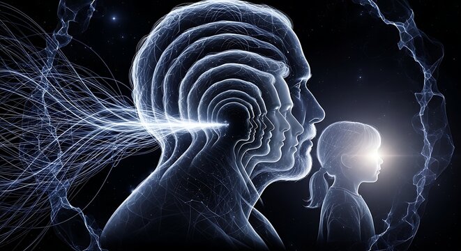 Conceptual illustration of human consciousness and memory, showing a profile of an adult man with multiple nested silhouettes representing different stages of life and a young girl