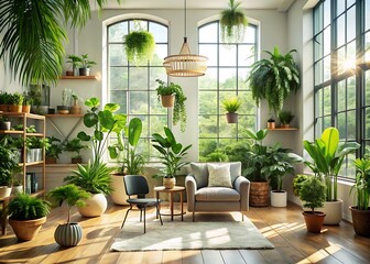 Fototapeta premium Serene Indoor Space with Abundant Natural Light and Lush Green Houseplants in Minimal Interior Elegant Contemporary Calm Living Environment Design Scene