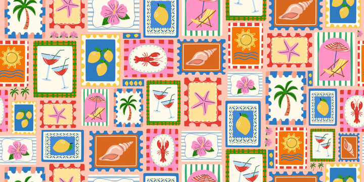 A pattern of colorful summer postage stamps featuring images of seashells, lemons, a palm tree, a tropical flower, and a cocktail. A collection of artistic icons themed around leisure and travel.