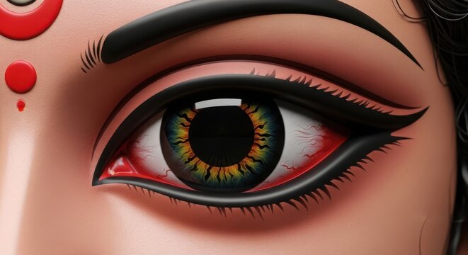 Close-up of eye with dramatic gold and black makeup and long lashes