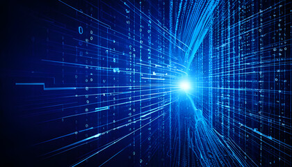 Obraz premium Abstract blue digital tunnel with glowing light representing data flow and technological advancement.