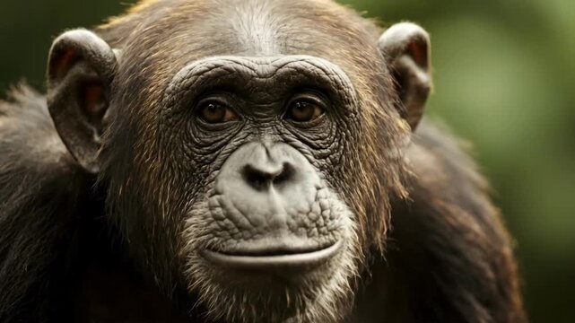A chimpanzee looks thoughtfully with textured fur while in a natural forest setting