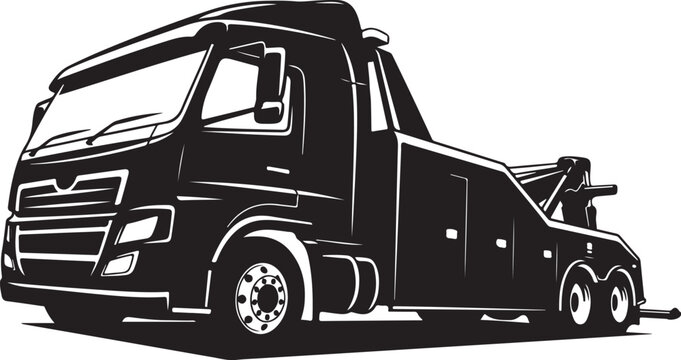 Tow truck, heavy duty vehicle, transportation illustration, black and white