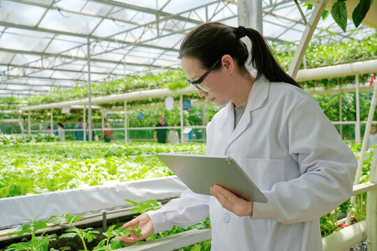 Agricultural researcher inspecting soilless cultivated crops in greenhouse