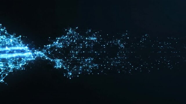 Abstract glowing blue particles connecting and expanding in a dark, mysterious digital network, creating a futuristic and technological representation of data flow