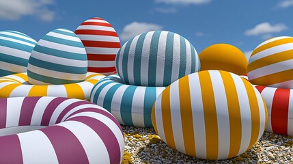 Obraz premium Colorful striped eggs and inflatable rings arranged on a sandy beach under a clear blue sky, creating a vibrant summer scene