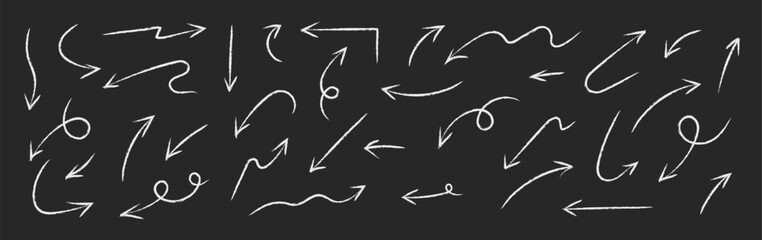 Fototapeta premium Arrow drawn hand vector line icon set. Hand drawn brush chalk stroke arrow curve, thin pencil scribble shape with vintage charcoal crayon texture. Doodle up down arrow symbol. Vector illustration