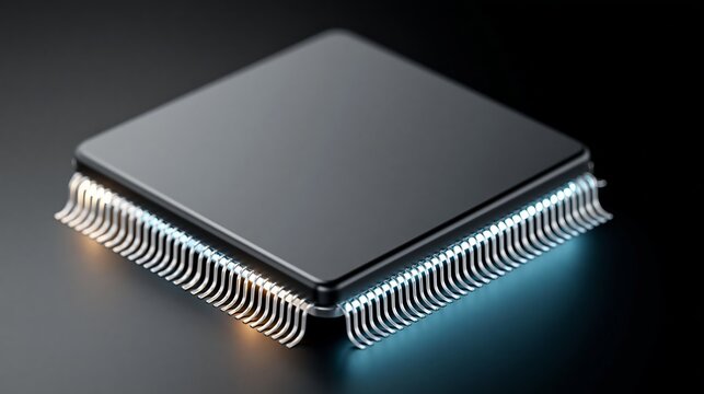 High-tech microprocessor with metallic pins illuminated by blue and orange lights, positioned on a sleek black surface, showcasing advanced technology and design