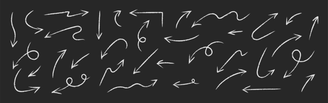 Arrow drawn hand vector line icon set. Hand drawn brush chalk stroke arrow curve, thin pencil scribble shape with vintage charcoal crayon texture. Doodle up down arrow symbol. Vector illustration