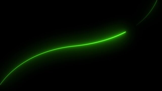 Neon line animation left to right, A vibrant cyan neon light streak gracefully descends against a stark on black background. 