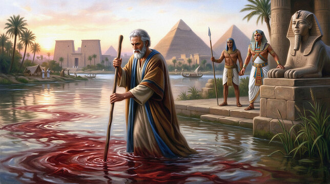 Moses turned the Nile River in Egypt into blood to force Pharaoh to free the Israelites. The first plague. Biblical scene concept. Painting art illustration.
