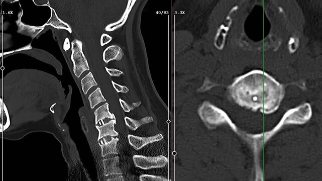 Sagittal and axial CT scans of the cervical spine showing intervertebral disc spacers and spinal fusion hardware at multiple levels for medical imaging and neurosurgery documentation. 