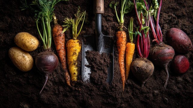 Organic beets carrots and potatoes with garden shovel on soil background for farm to table gardening marketing banner template