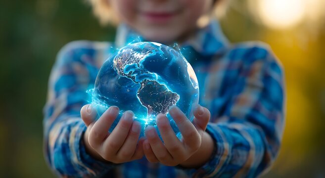 A young child in a blue plaid shirt holds a glowing, luminous representation of planet earth in their cupped hands, symbolizing global care and future