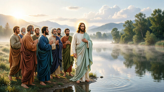 Risen Jesus appears in divine grace before his faithful disciples in bloom.