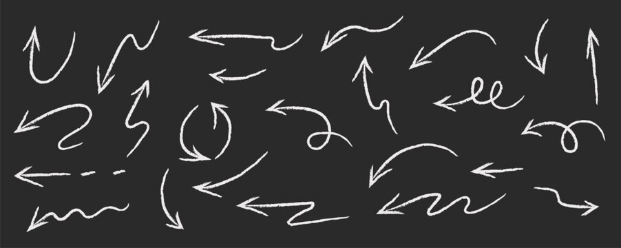 Arrow drawn hand vector line icon set. Hand drawn brush chalk stroke arrow curve, thin pencil scribble shape with vintage charcoal crayon texture. Doodle up down arrow symbol. Vector illustration