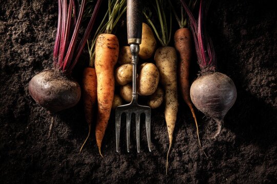 Organic root vegetables with garden fork on dark soil background with shadows for sustainable farm to table marketing template