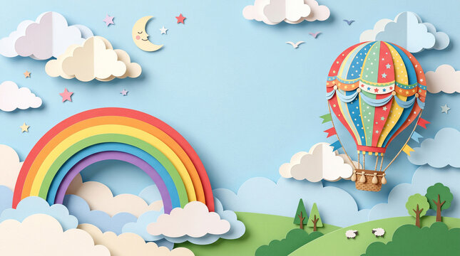 Cute papercut sky landscape background with copy space. Hot air balloon, rainbow and clouds made in realistic paper craft art or origami style for baby nursery, children design