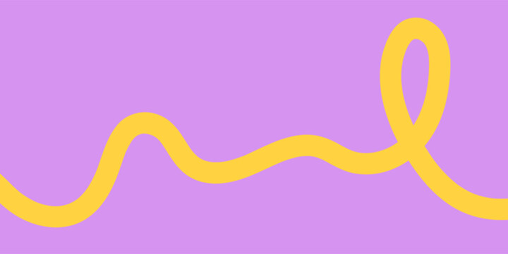 Abstract horizontal trendy modern minimalistic pattern with one looped curved yellow line on purple background; simple vector illustration, drawing, hand drawn in flat style