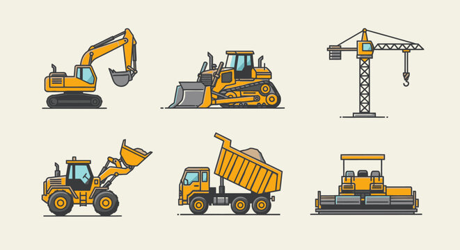 Construction equipment set excavator bulldozer crane loader truck and roller