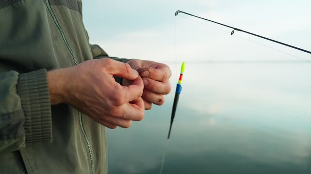 The fisherman's hands put the bait on the hook. Fishing with earthworms. Close-up.