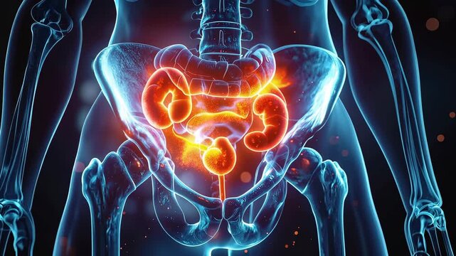 Medical Illustration: Depicting an intricate view of the human renal system in a captivating digital art form. Emphasizing details of the human kidney, ureter, and bladder.