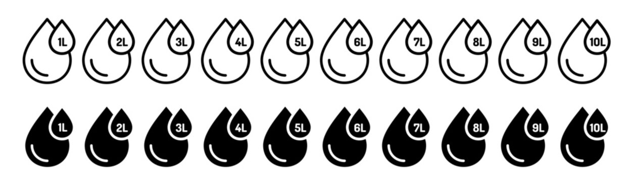 Water capacity symbols set. Liquid drop icon collection with fluid volume in liters.